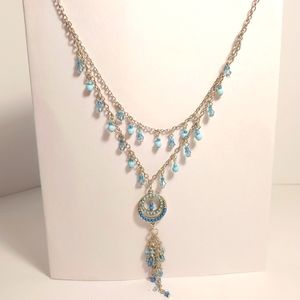 Beaded Necklace. 2-tier, Blue beads on silver-tone metal chains.